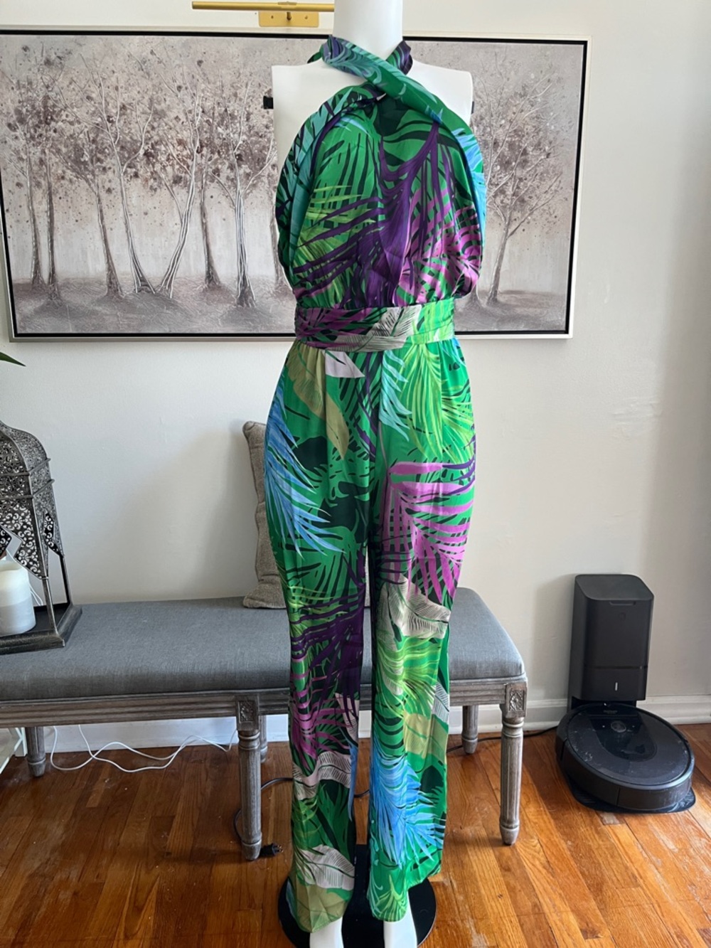 Zara Green & Purple Tropical Halter Jumpsuit Small